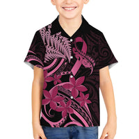 Aotearoa Maori Family Matching Off The Shoulder Long Sleeve Dress and Hawaiian Shirt Pink Fern Ribbons on Black LT7 Son's Shirt Black - Polynesian Pride