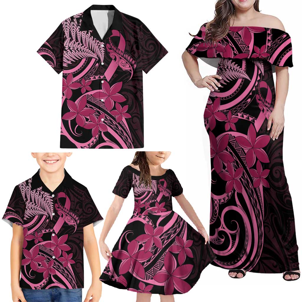 Aotearoa Maori Family Matching Off Shoulder Maxi Dress and Hawaiian Shirt Pink Fern Ribbons on Black LT7 - Polynesian Pride