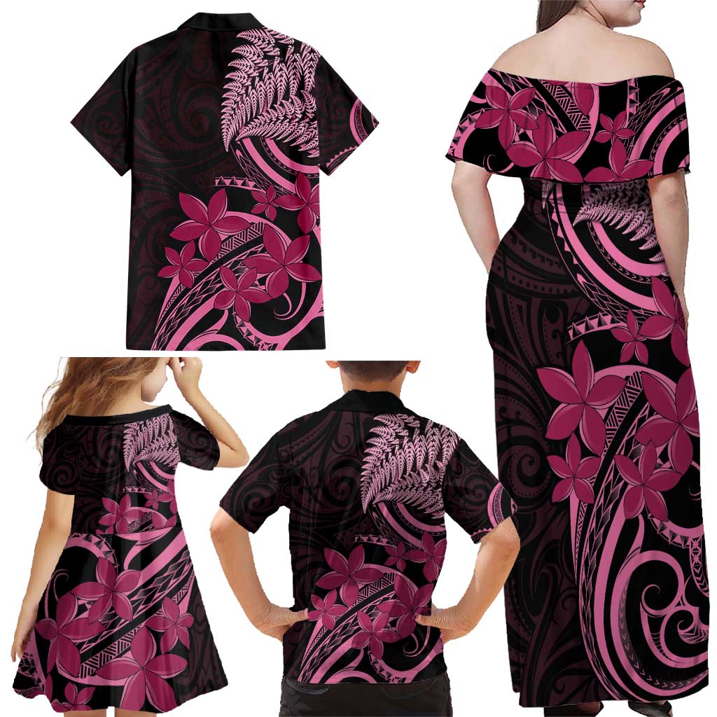 Aotearoa Maori Family Matching Off Shoulder Maxi Dress and Hawaiian Shirt Pink Fern Ribbons on Black LT7 - Polynesian Pride