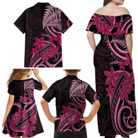 Aotearoa Maori Family Matching Off Shoulder Maxi Dress and Hawaiian Shirt Pink Fern Ribbons on Black LT7 - Polynesian Pride
