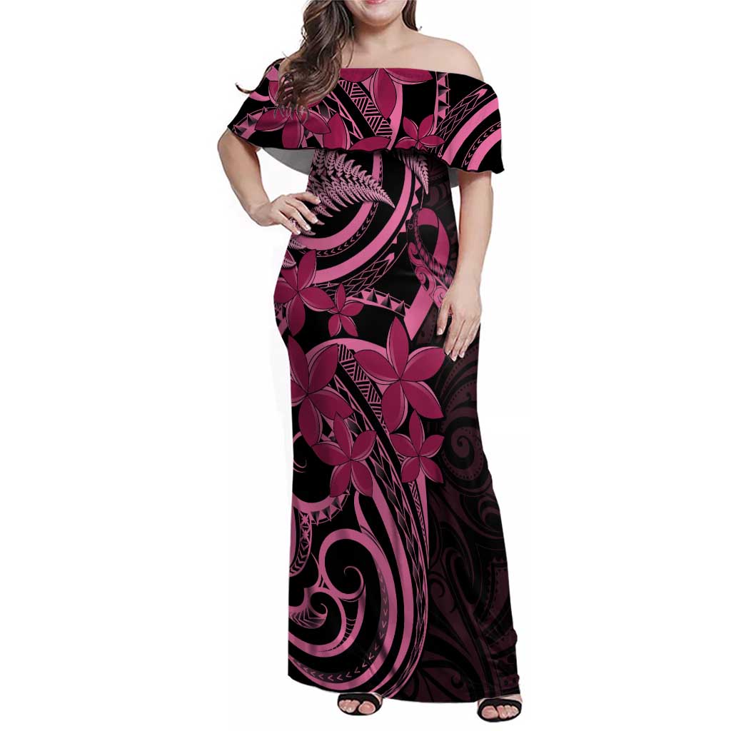 Aotearoa Maori Family Matching Off Shoulder Maxi Dress and Hawaiian Shirt Pink Fern Ribbons on Black LT7 Mom's Dress Black - Polynesian Pride