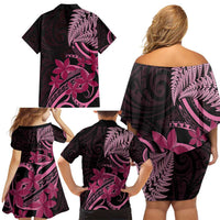 Aotearoa Maori Family Matching Off Shoulder Short Dress and Hawaiian Shirt Pink Fern Ribbons on Black LT7 - Polynesian Pride