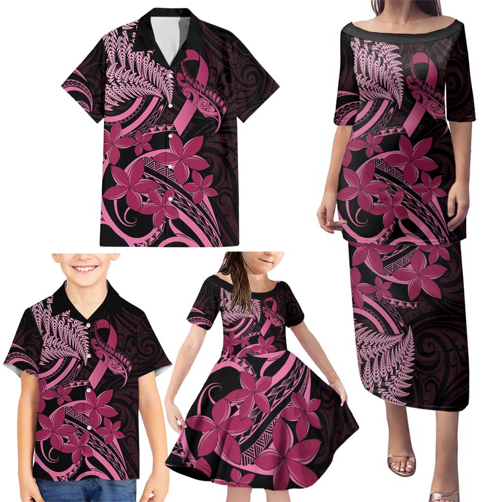 Aotearoa Maori Family Matching Puletasi and Hawaiian Shirt Pink Fern Ribbons on Black LT7 - Polynesian Pride