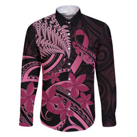Aotearoa Maori Family Matching Puletasi and Hawaiian Shirt Pink Fern Ribbons on Black LT7 Dad's Shirt - Long Sleeve Black - Polynesian Pride