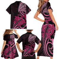 Aotearoa Maori Family Matching Short Sleeve Bodycon Dress and Hawaiian Shirt Pink Fern Ribbons on Black LT7 - Polynesian Pride