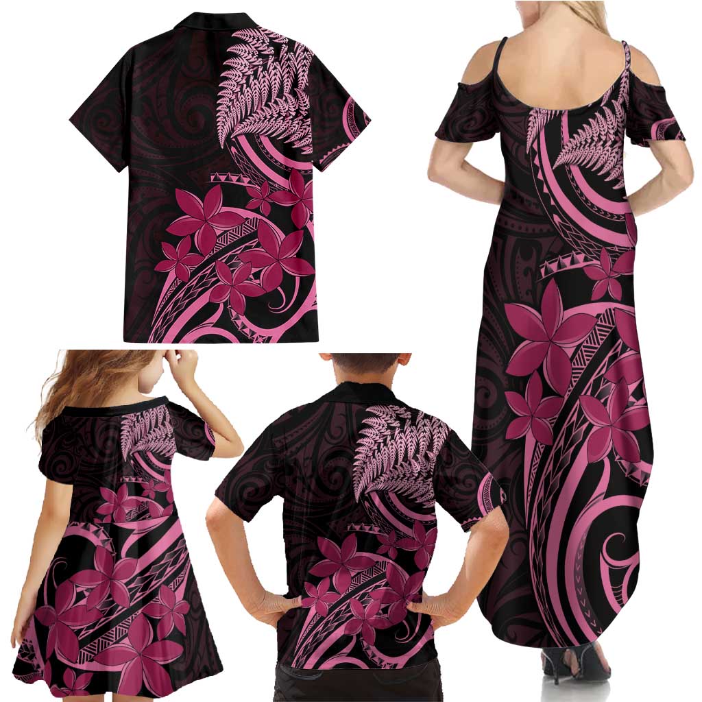 Aotearoa Maori Family Matching Summer Maxi Dress and Hawaiian Shirt Pink Fern Ribbons on Black LT7 - Polynesian Pride