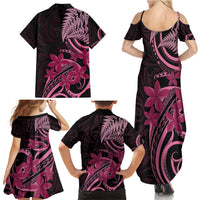 Aotearoa Maori Family Matching Summer Maxi Dress and Hawaiian Shirt Pink Fern Ribbons on Black LT7 - Polynesian Pride