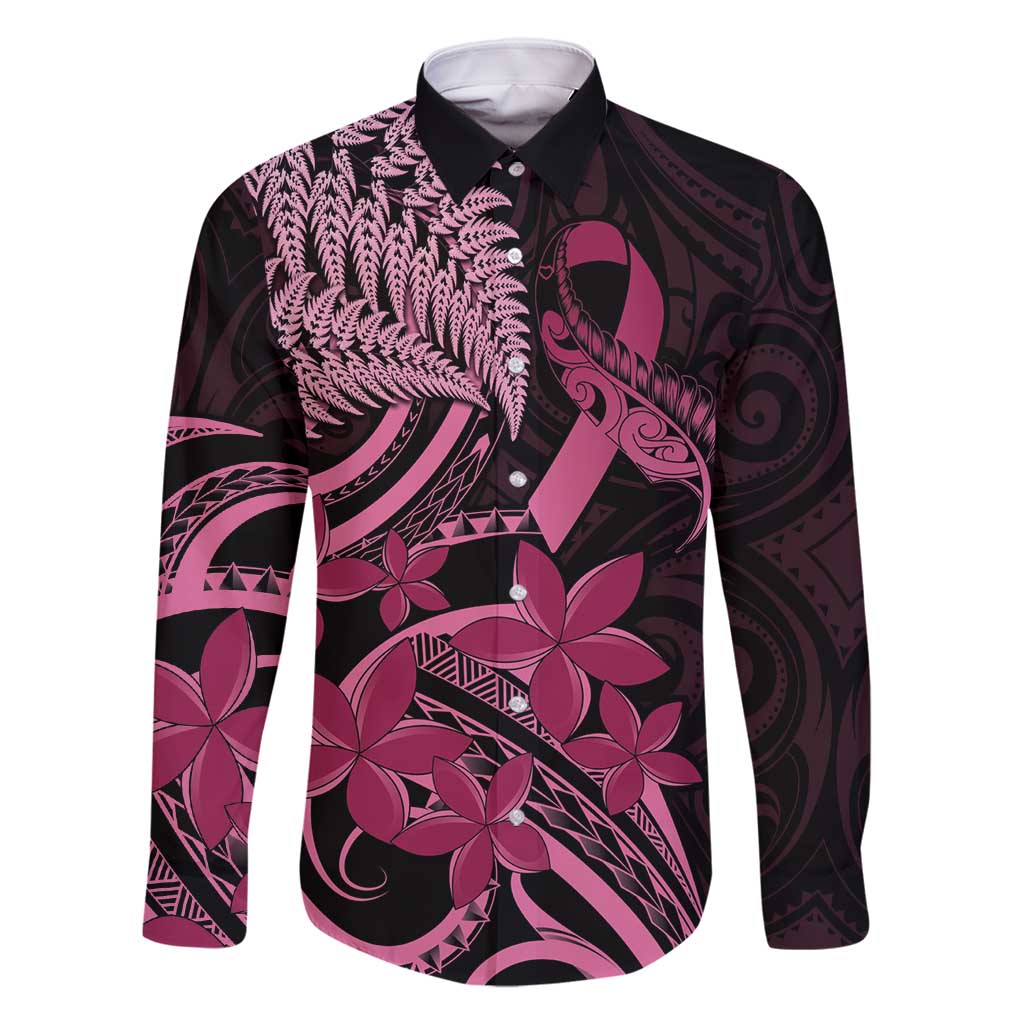Aotearoa Maori Family Matching Tank Maxi Dress and Hawaiian Shirt Pink Fern Ribbons on Black LT7 Dad's Shirt - Long Sleeve Black - Polynesian Pride