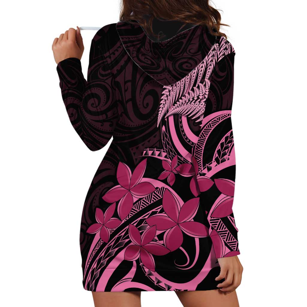Aotearoa Maori Hoodie Dress Pink Fern Ribbons on Black LT7 - Polynesian Pride