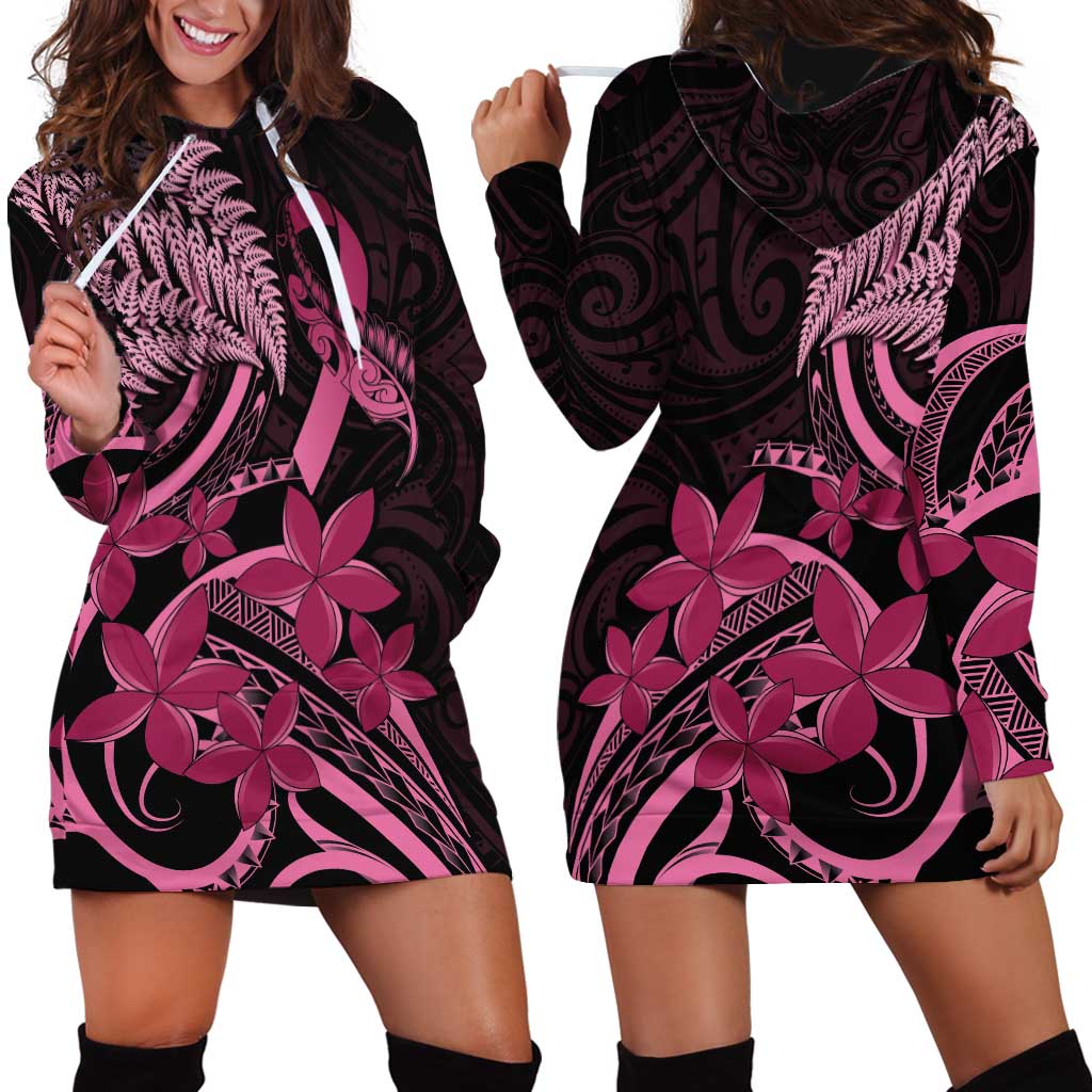 Aotearoa Maori Hoodie Dress Pink Fern Ribbons on Black LT7 - Polynesian Pride