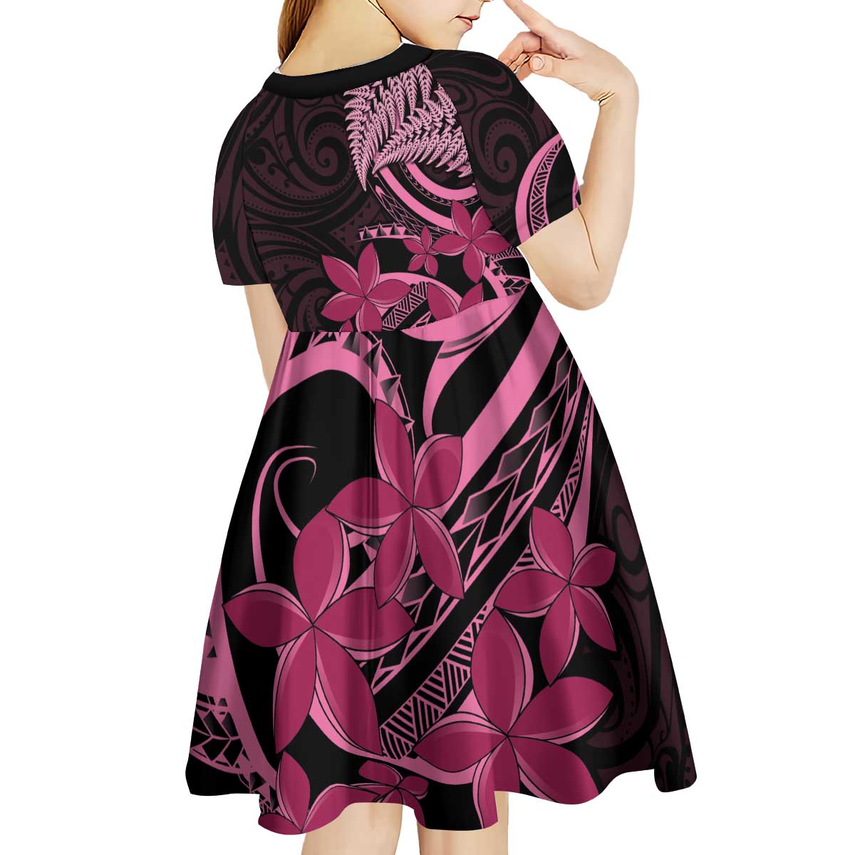 Aotearoa Maori Kid Short Sleeve Dress Pink Fern Ribbons on Black - Polynesian Pride