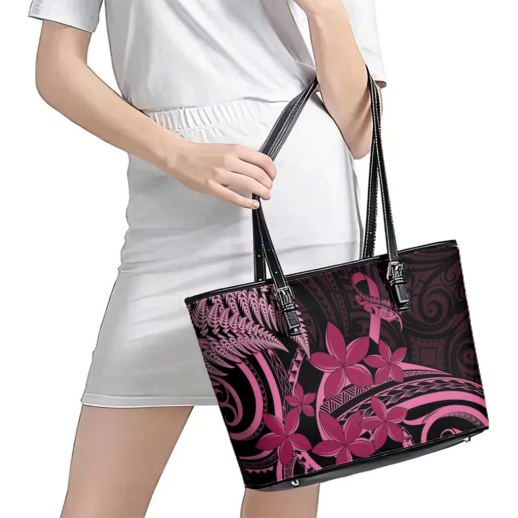 Aotearoa Maori Leather Tote Bag Pink Fern Ribbons on Black - Polynesian Pride