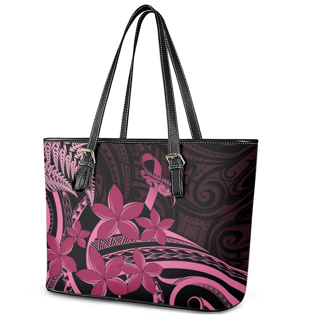 Aotearoa Maori Leather Tote Bag Pink Fern Ribbons on Black - Polynesian Pride