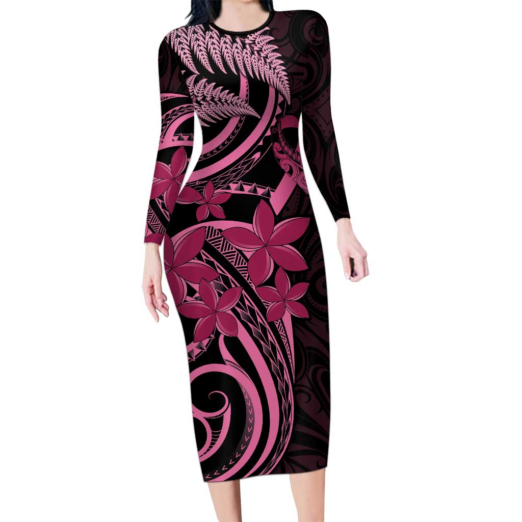 Aotearoa Maori Long Sleeve Bodycon Dress Pink Fern Ribbons on Black LT7 Long Dress Black - Polynesian Pride