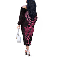 Aotearoa Maori Off The Shoulder Long Sleeve Dress Pink Fern Ribbons on Black LT7 - Polynesian Pride