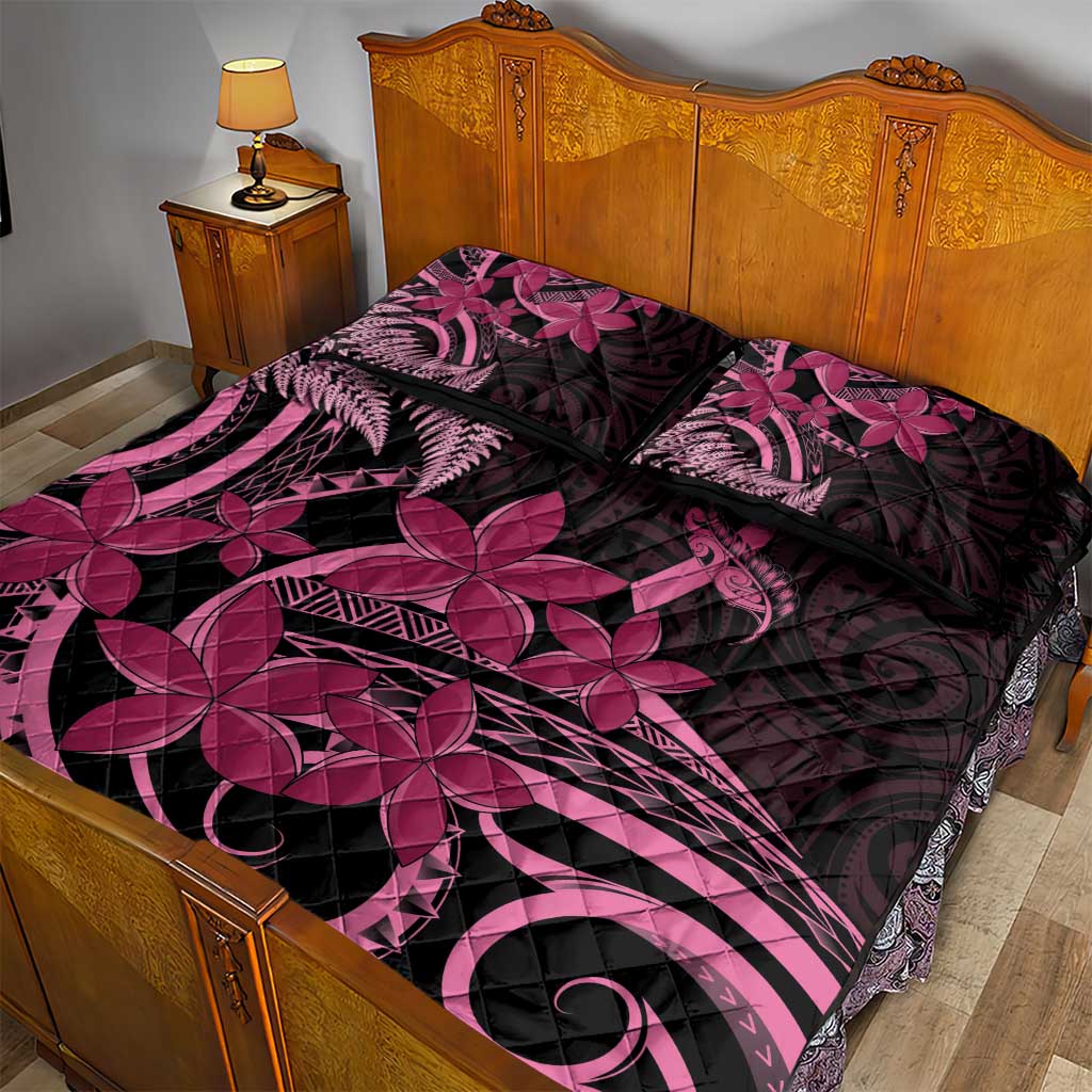Aotearoa Maori Quilt Bed Set Pink Fern Ribbons on Black LT7 - Polynesian Pride