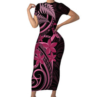 Aotearoa Maori Short Sleeve Bodycon Dress Pink Fern Ribbons on Black LT7 Long Dress Black - Polynesian Pride