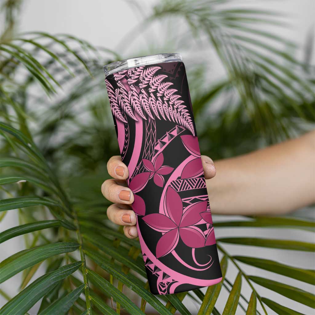 Aotearoa Maori Skinny Tumbler Pink Fern Ribbons on Black LT7 - Polynesian Pride