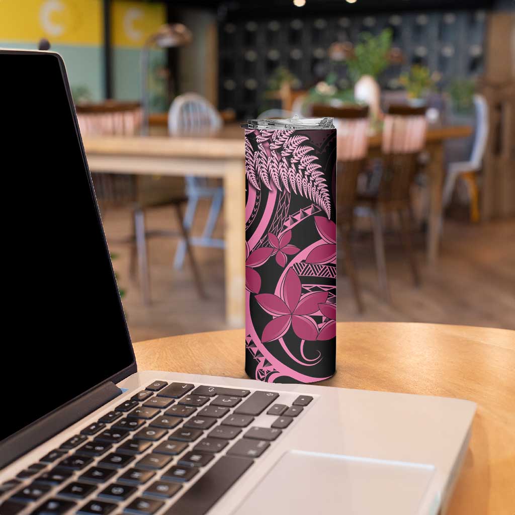 Aotearoa Maori Skinny Tumbler Pink Fern Ribbons on Black LT7 - Polynesian Pride