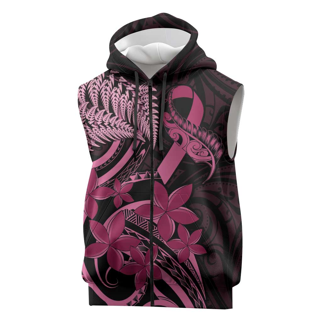 Aotearoa Maori Sleeveless Zip Hoodie Pink Fern Ribbons on Black LT7