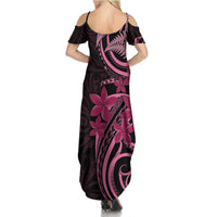 Aotearoa Maori Summer Maxi Dress Pink Fern Ribbons on Black - Polynesian Pride
