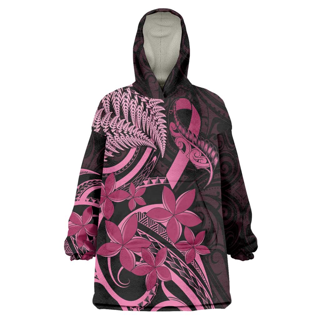 Aotearoa Maori Wearable Blanket Hoodie Pink Fern Ribbons on Black LT7 One Size Black - Polynesian Pride
