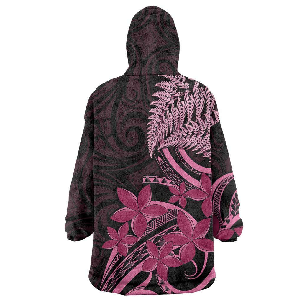 Aotearoa Maori Wearable Blanket Hoodie Pink Fern Ribbons on Black LT7 - Polynesian Pride