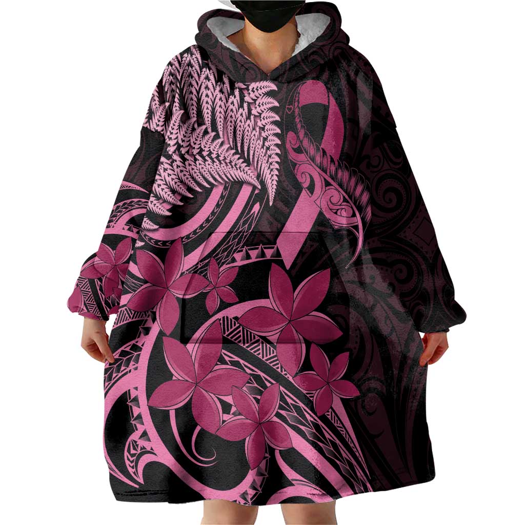 Aotearoa Maori Wearable Blanket Hoodie Pink Fern Ribbons on Black LT7 - Polynesian Pride