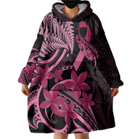Aotearoa Maori Wearable Blanket Hoodie Pink Fern Ribbons on Black LT7 - Polynesian Pride