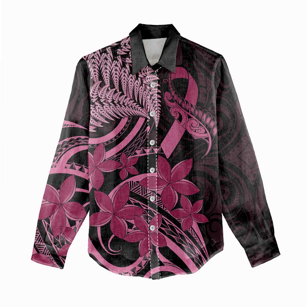 Aotearoa Maori Women Casual Shirt Pink Fern Ribbons on Black LT7 - Polynesian Pride