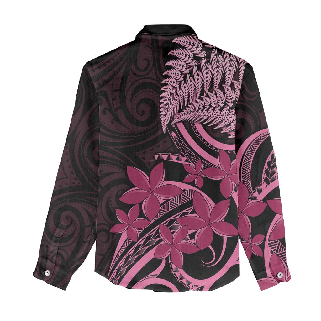 Aotearoa Maori Women Casual Shirt Pink Fern Ribbons on Black LT7 - Polynesian Pride