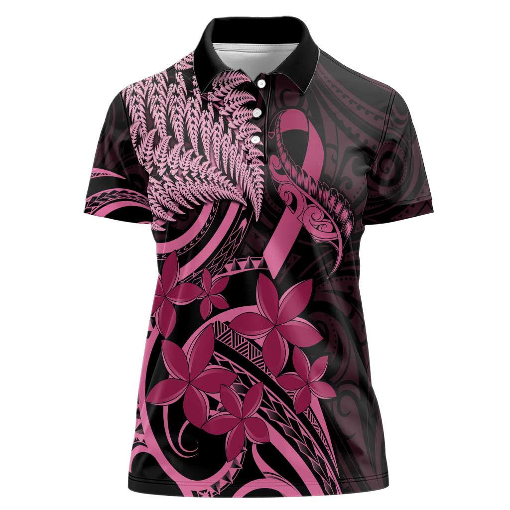 Aotearoa Maori Women Polo Shirt Pink Fern Ribbons on Black - Polynesian Pride