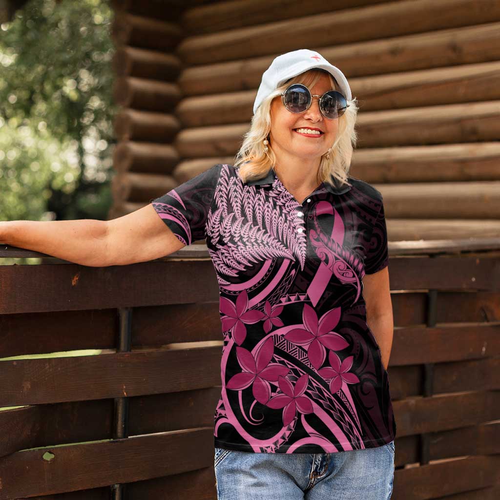 Aotearoa Maori Women Polo Shirt Pink Fern Ribbons on Black - Polynesian Pride