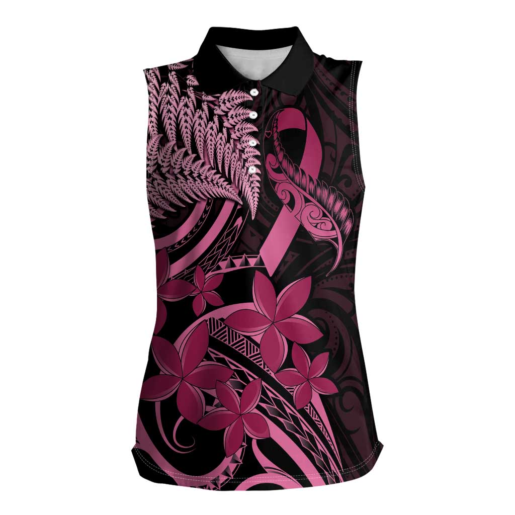Aotearoa Maori Women Sleeveless Polo Shirt Pink Fern Ribbons on Black LT7 Female Black - Polynesian Pride