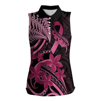 Aotearoa Maori Women Sleeveless Polo Shirt Pink Fern Ribbons on Black LT7 Female Black - Polynesian Pride