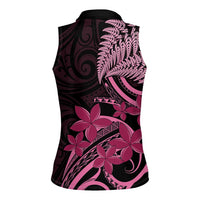 Aotearoa Maori Women Sleeveless Polo Shirt Pink Fern Ribbons on Black LT7 - Polynesian Pride