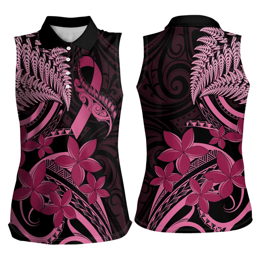 Aotearoa Maori Women Sleeveless Polo Shirt Pink Fern Ribbons on Black LT7 - Polynesian Pride