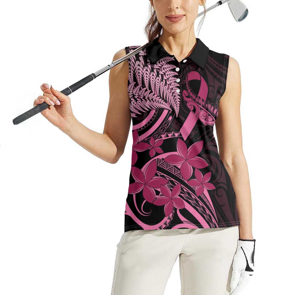 Aotearoa Maori Women Sleeveless Polo Shirt Pink Fern Ribbons on Black LT7 - Polynesian Pride