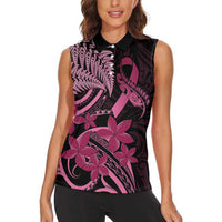 Aotearoa Maori Women Sleeveless Polo Shirt Pink Fern Ribbons on Black LT7 - Polynesian Pride