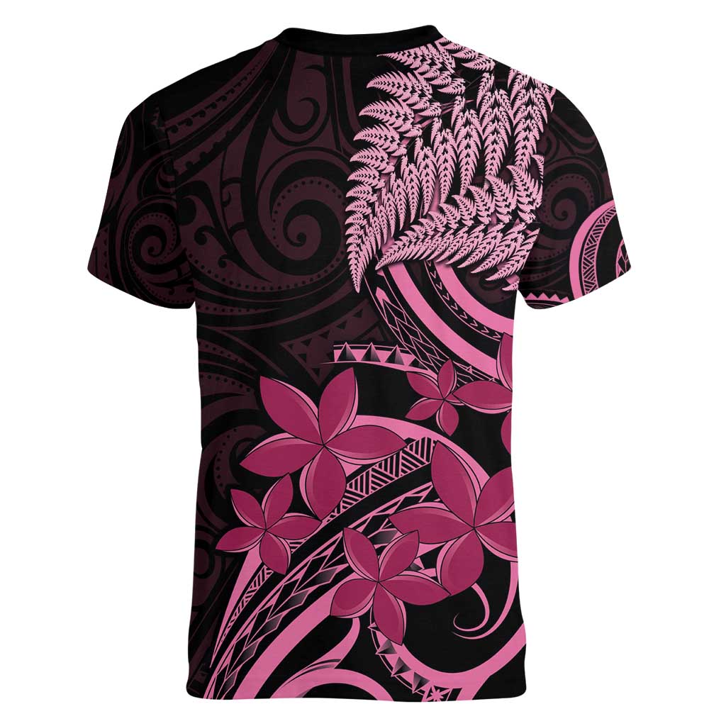 Aotearoa Maori Women V-Neck T-Shirt Pink Fern Ribbons on Black LT7 - Polynesian Pride