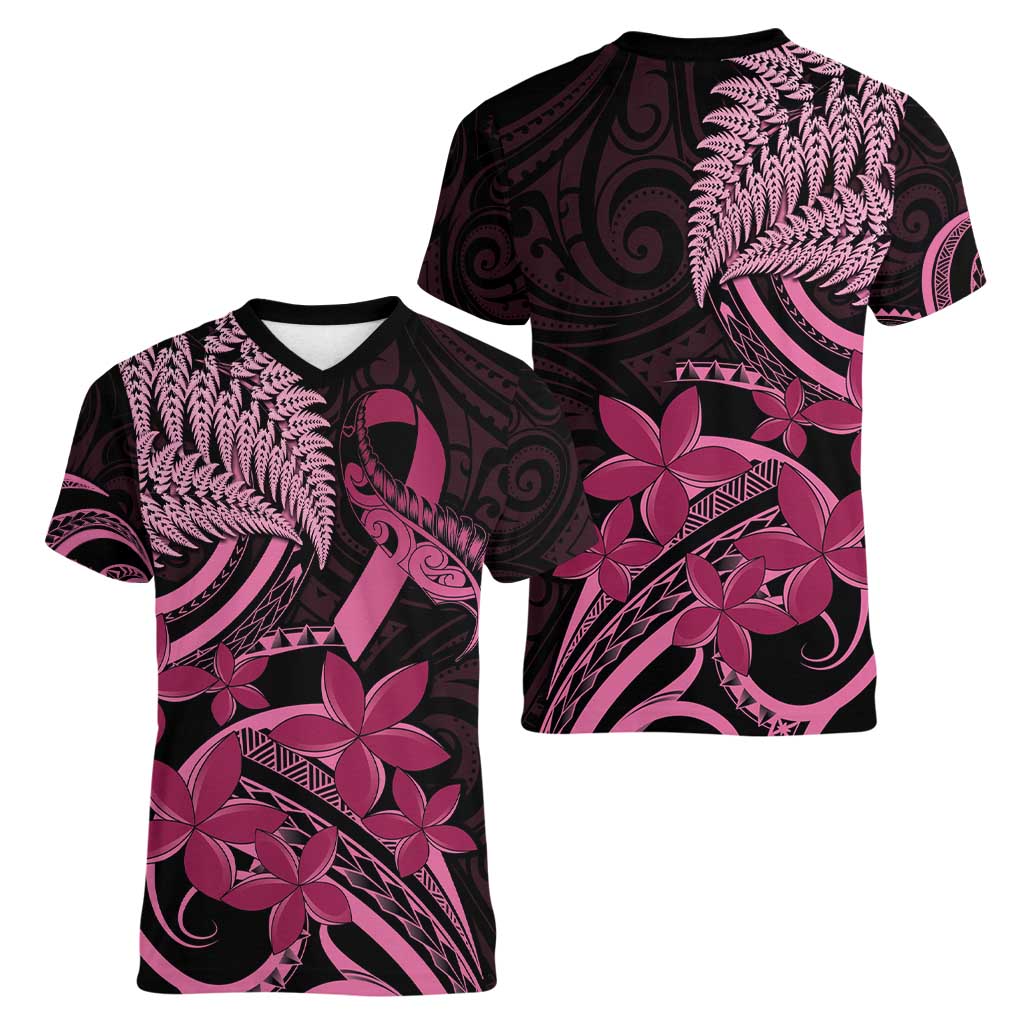 Aotearoa Maori Women V-Neck T-Shirt Pink Fern Ribbons on Black LT7 - Polynesian Pride