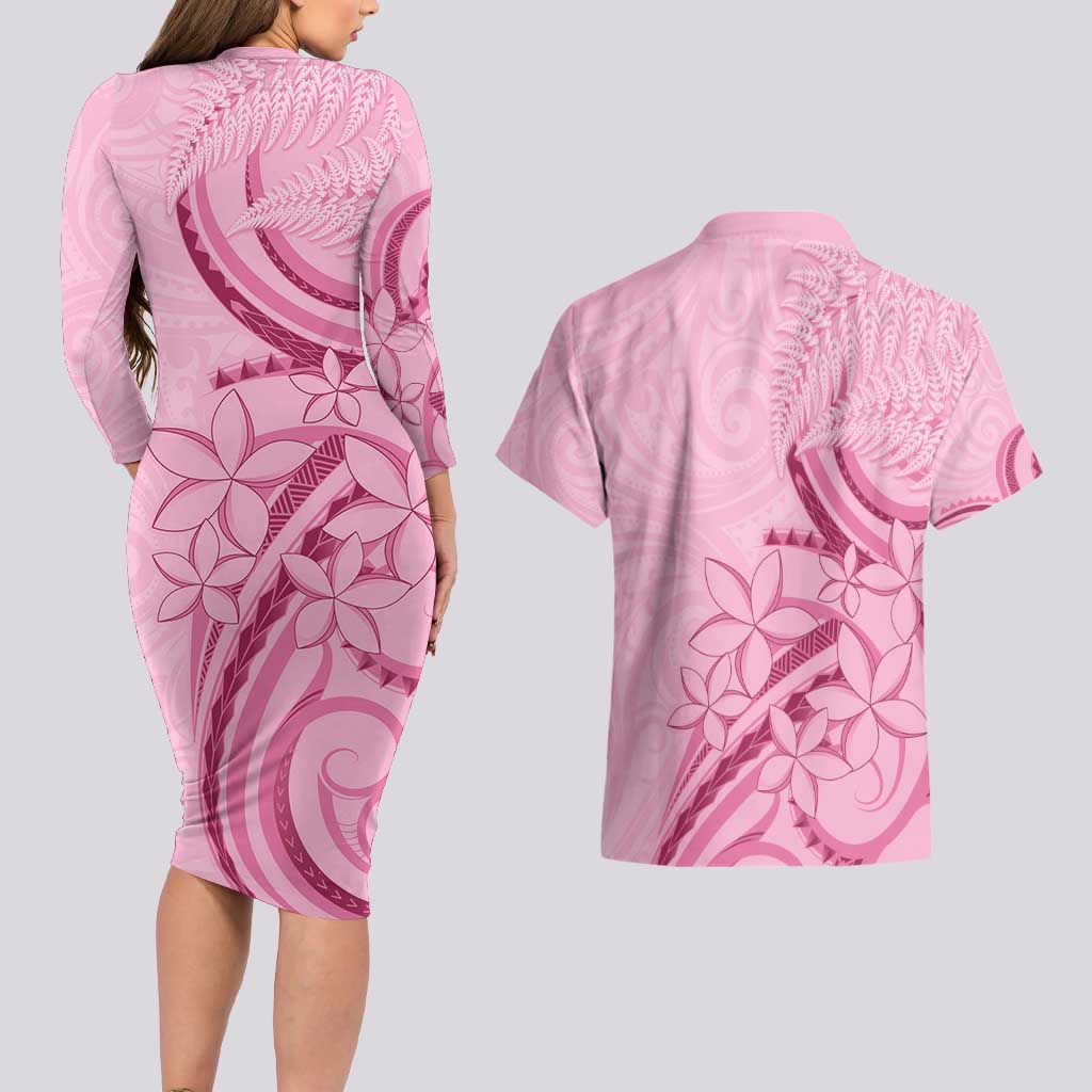 Aotearoa Maori Couples Matching Long Sleeve Bodycon Dress and Hawaiian Shirt Pink Fern Ribbons LT7 - Polynesian Pride