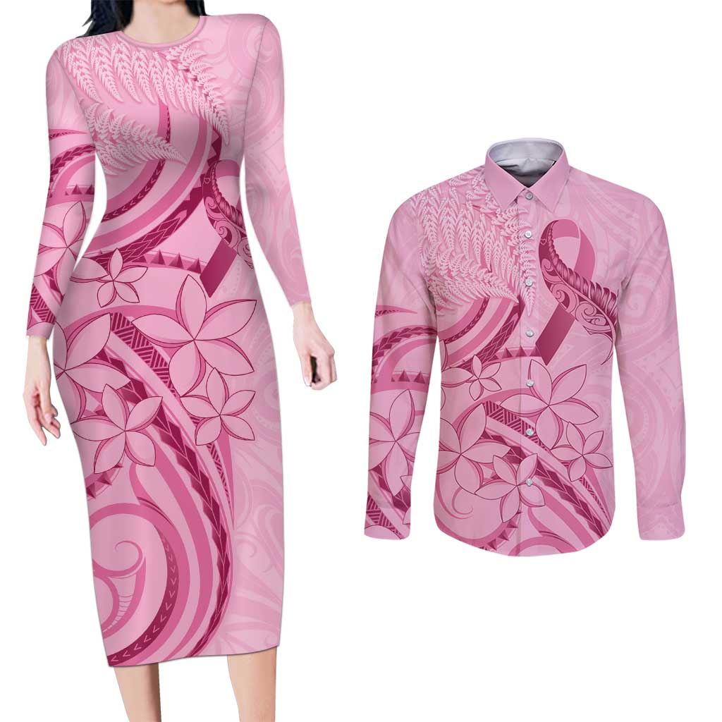 Aotearoa Maori Couples Matching Long Sleeve Bodycon Dress and Long Sleeve Button Shirt Pink Fern Ribbons LT7 Pink - Polynesian Pride