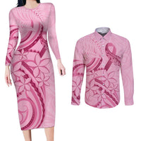 Aotearoa Maori Couples Matching Long Sleeve Bodycon Dress and Long Sleeve Button Shirt Pink Fern Ribbons LT7 Pink - Polynesian Pride