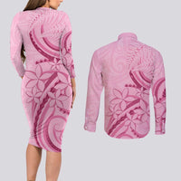 Aotearoa Maori Couples Matching Long Sleeve Bodycon Dress and Long Sleeve Button Shirt Pink Fern Ribbons LT7 - Polynesian Pride