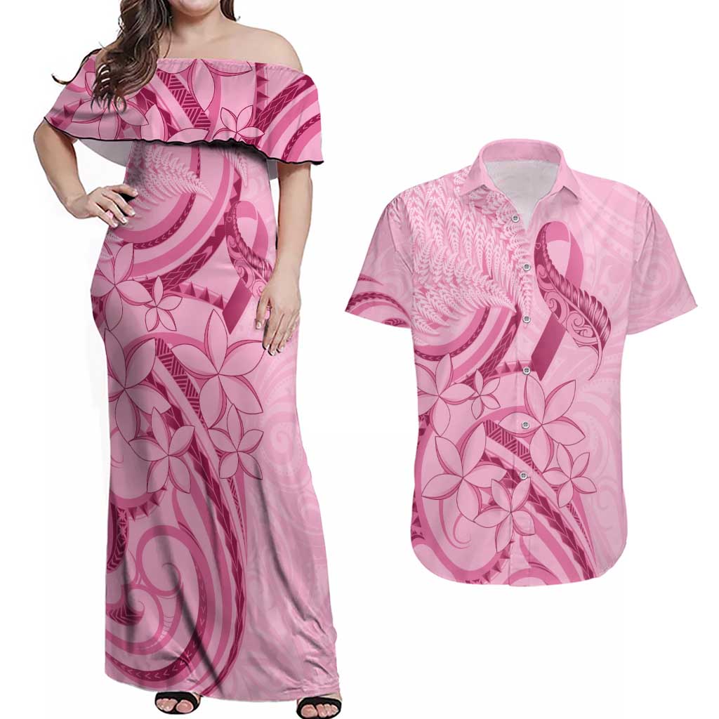 Aotearoa Maori Couples Matching Off Shoulder Maxi Dress and Hawaiian Shirt Pink Fern Ribbons LT7 Pink - Polynesian Pride