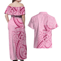 Aotearoa Maori Couples Matching Off Shoulder Maxi Dress and Hawaiian Shirt Pink Fern Ribbons LT7 - Polynesian Pride