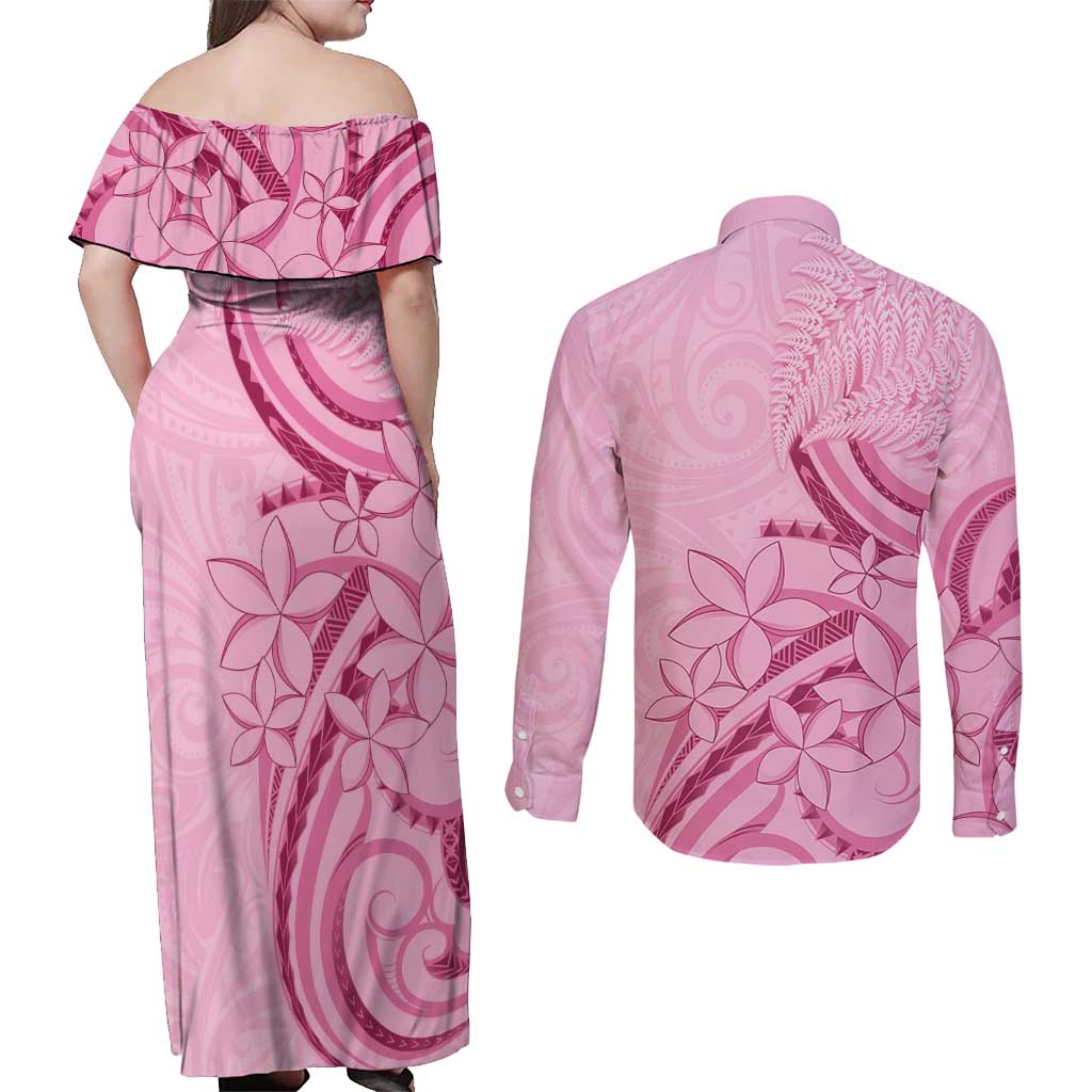 Aotearoa Maori Couples Matching Off Shoulder Maxi Dress and Long Sleeve Button Shirt Pink Fern Ribbons LT7 - Polynesian Pride