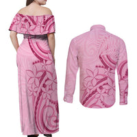 Aotearoa Maori Couples Matching Off Shoulder Maxi Dress and Long Sleeve Button Shirt Pink Fern Ribbons LT7 - Polynesian Pride