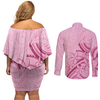 Aotearoa Maori Couples Matching Off Shoulder Short Dress and Long Sleeve Button Shirt Pink Fern Ribbons LT7 - Polynesian Pride